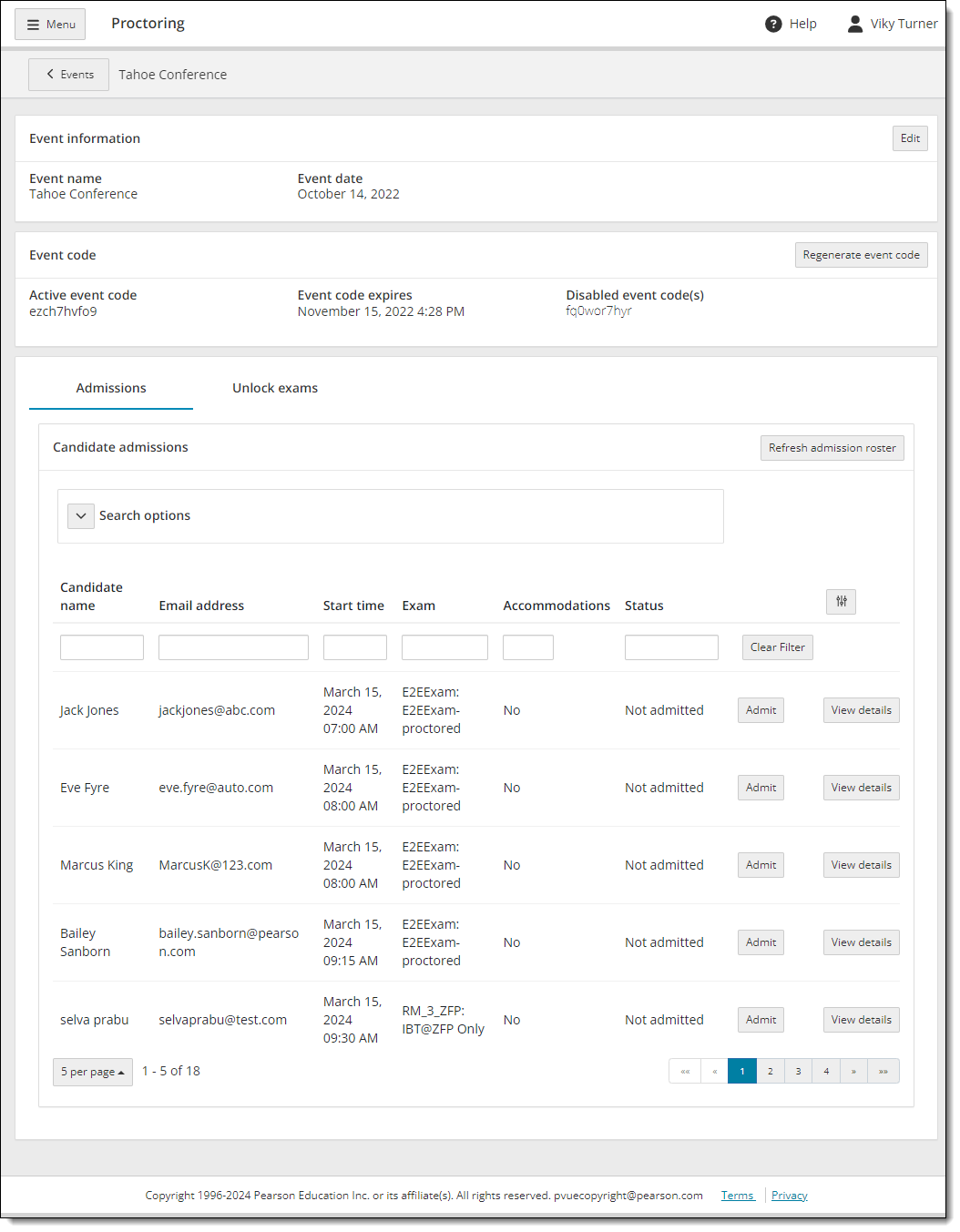 Event details page with candidates registered for an exam without photo capture required.